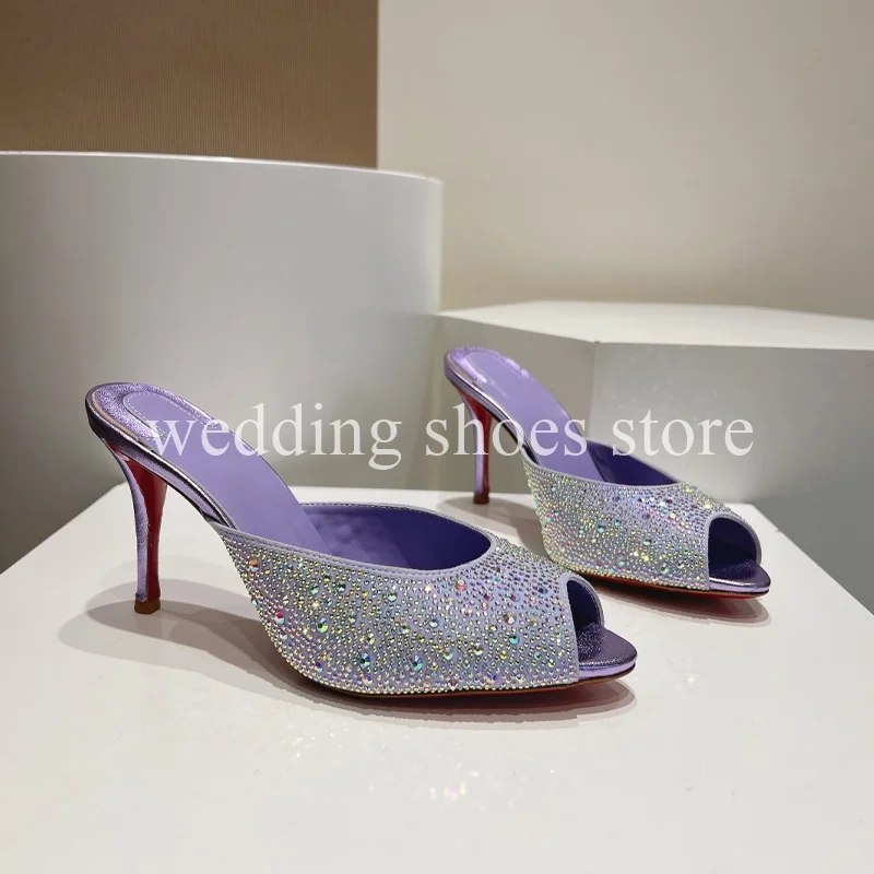 Super Flash Rhinestone Peep-toe High Heels Wedding Shoe Slippers Fashion Leather Summer Banquet Party Stiletto 8.5cm Women Shoes