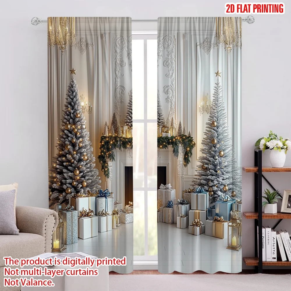 

2Pcs 2D flat printingChristmas Curtains White Christmas Fireplace Christmas Tree And Christmas Gifts Suitable For Bedroom Living