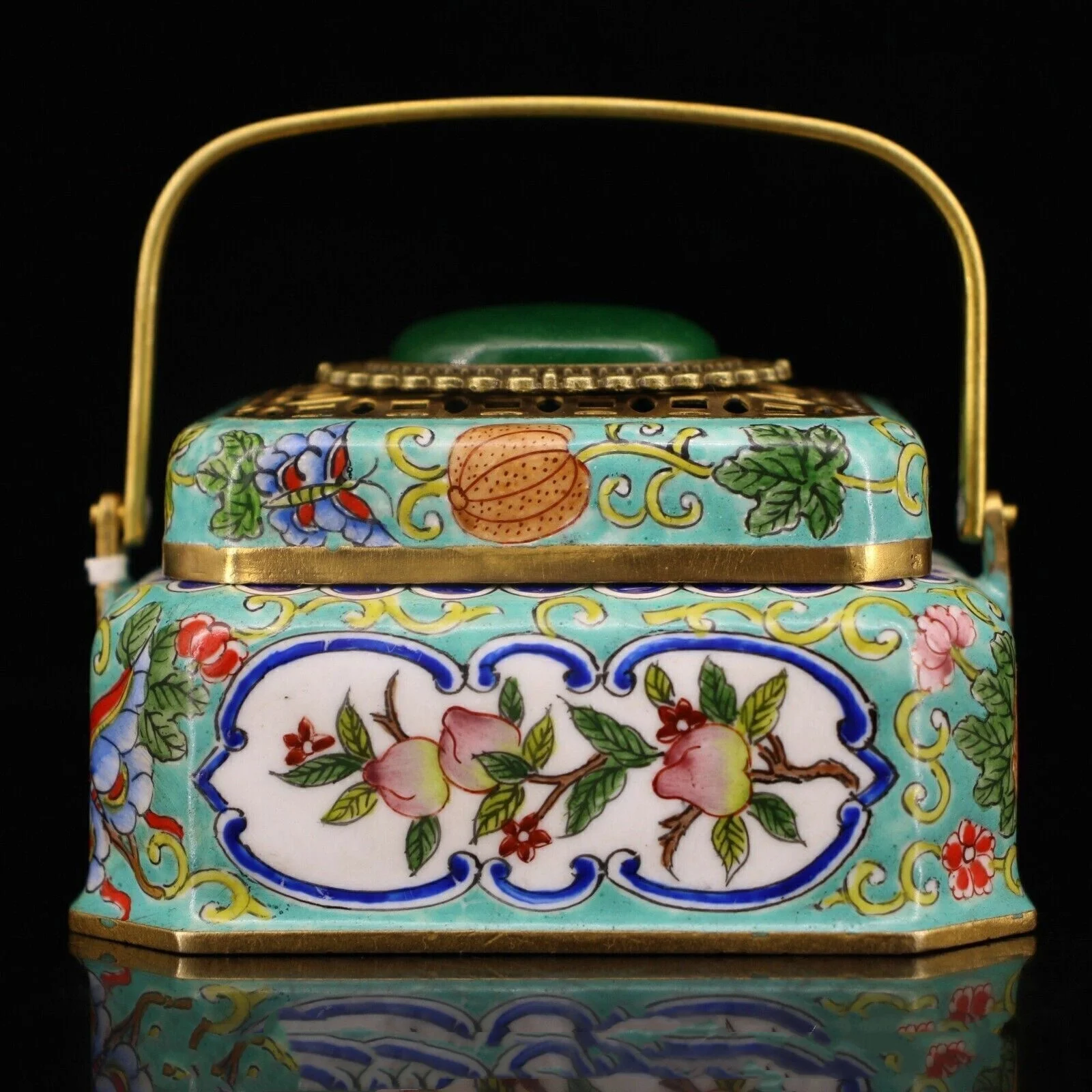 3.2Old Chinese Qianlong copper Cloisonne mosaic green Jade cover hand stove pot