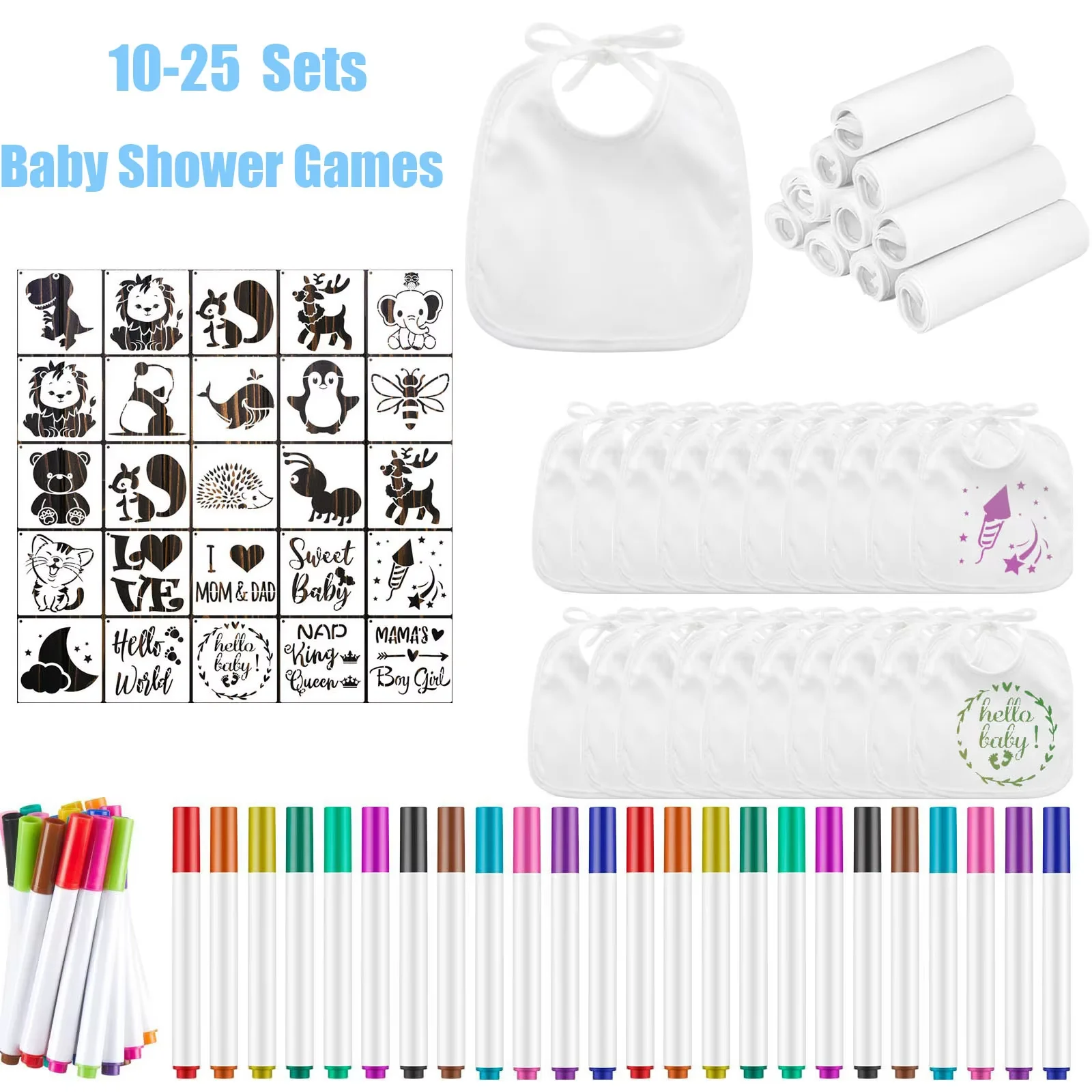 10-60 Sets Baby Shower Game Decorating Gift Baby Bibs Feeding Drooling White Bib Infant Saliva Towel Fabric Marker Stencils