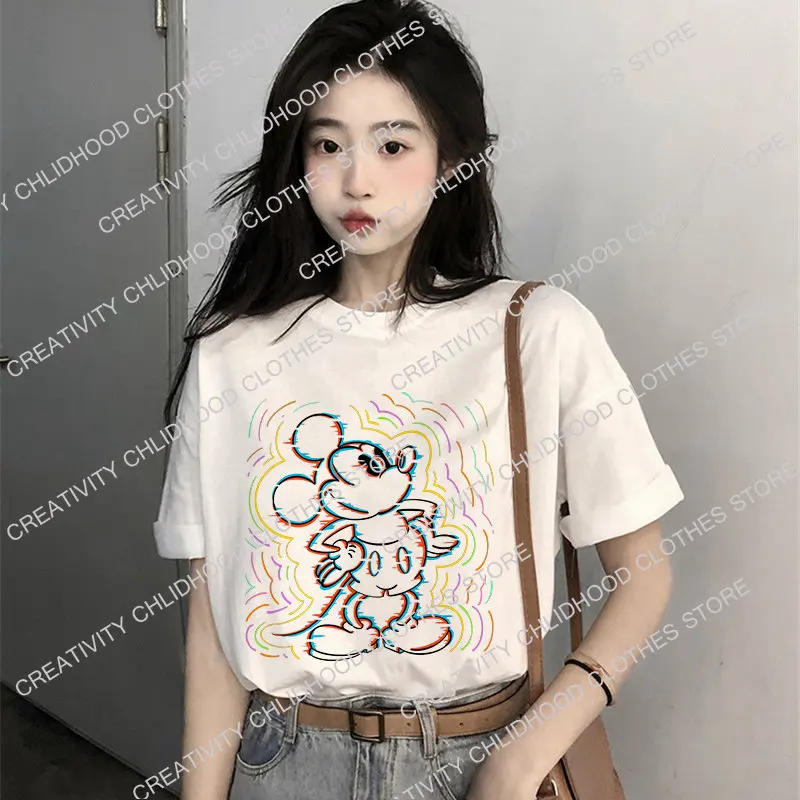 New Mickey Mouse T-shirt Women Cotton Tee Shirts Kawaii Disney Cartoons Casual Clothes Harajuku Oversized Streetwear Unisex Tops
