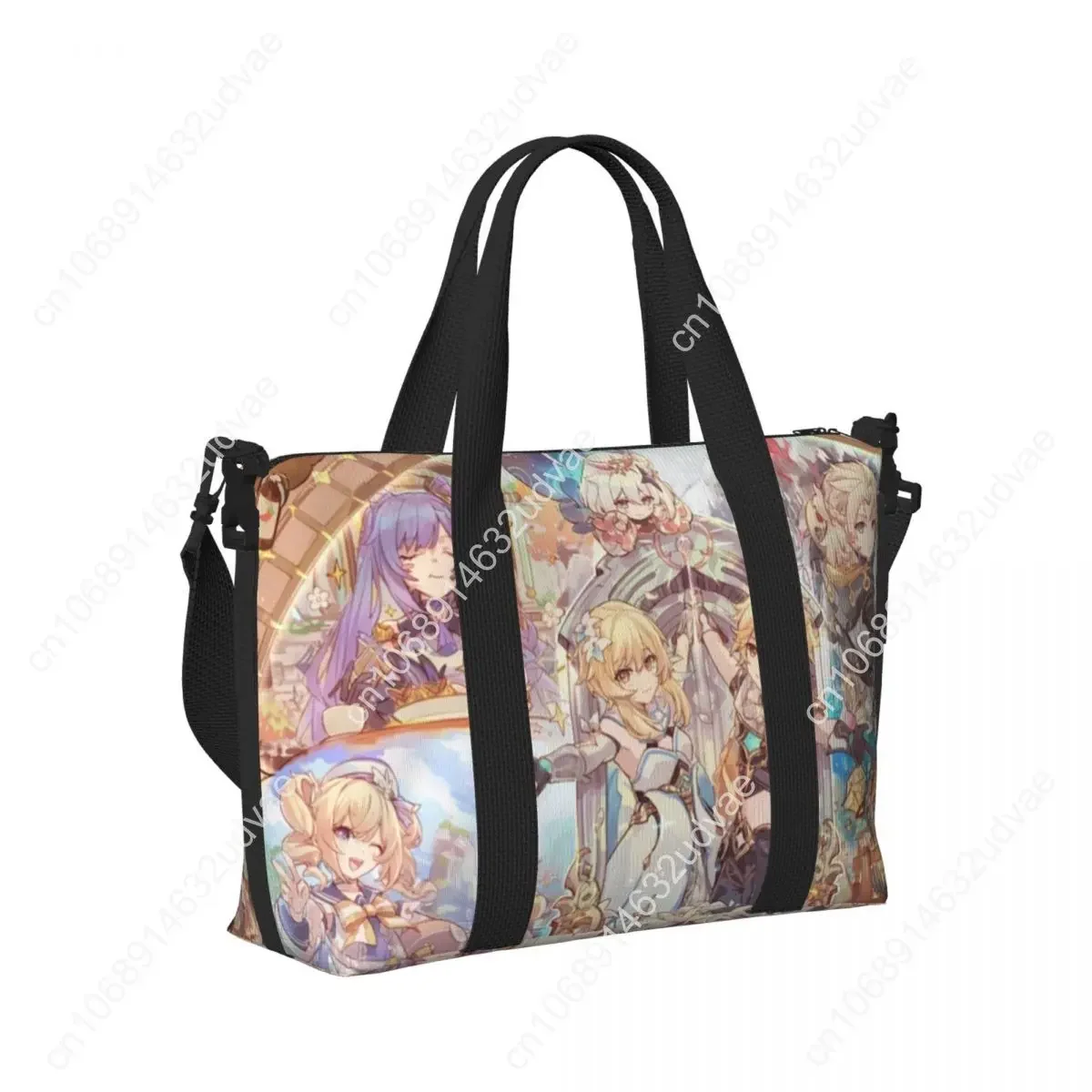 Duża torba typu tote z motywem anime Genshin Impact dla kobiet, manga kawaii, torba na ramię, torba na zakupy, torba na siłownię, torba plażowa, torba podróżna.