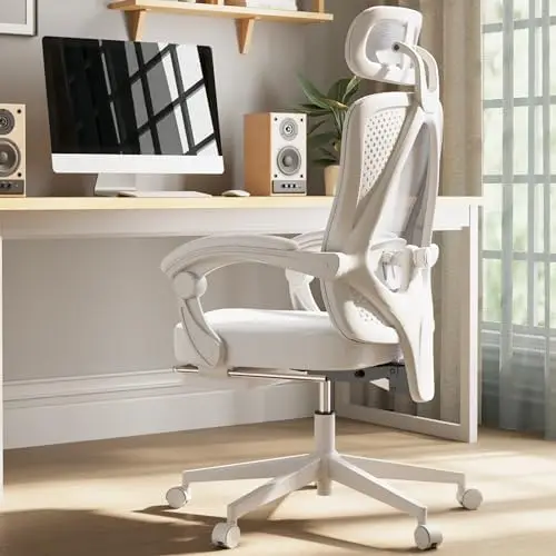 Ergonomic Mesh Office Chair with Adjustable Lumbar Support, Headrest, and Footrest – White