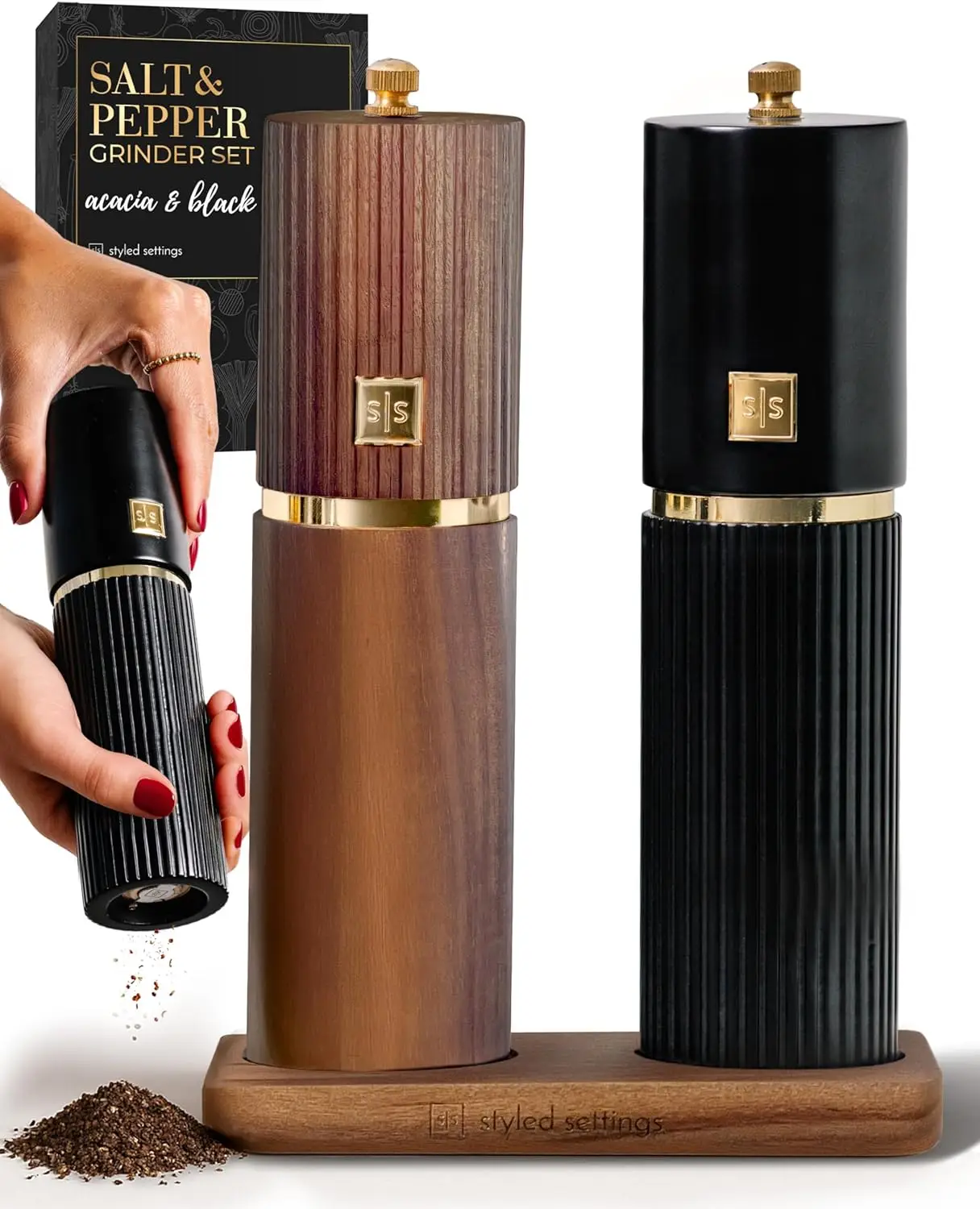 

Adjustable Ceramic Burr Salt Pepper Grinder Set with Acacia Wood Stand, Ideal Kitchen Gift