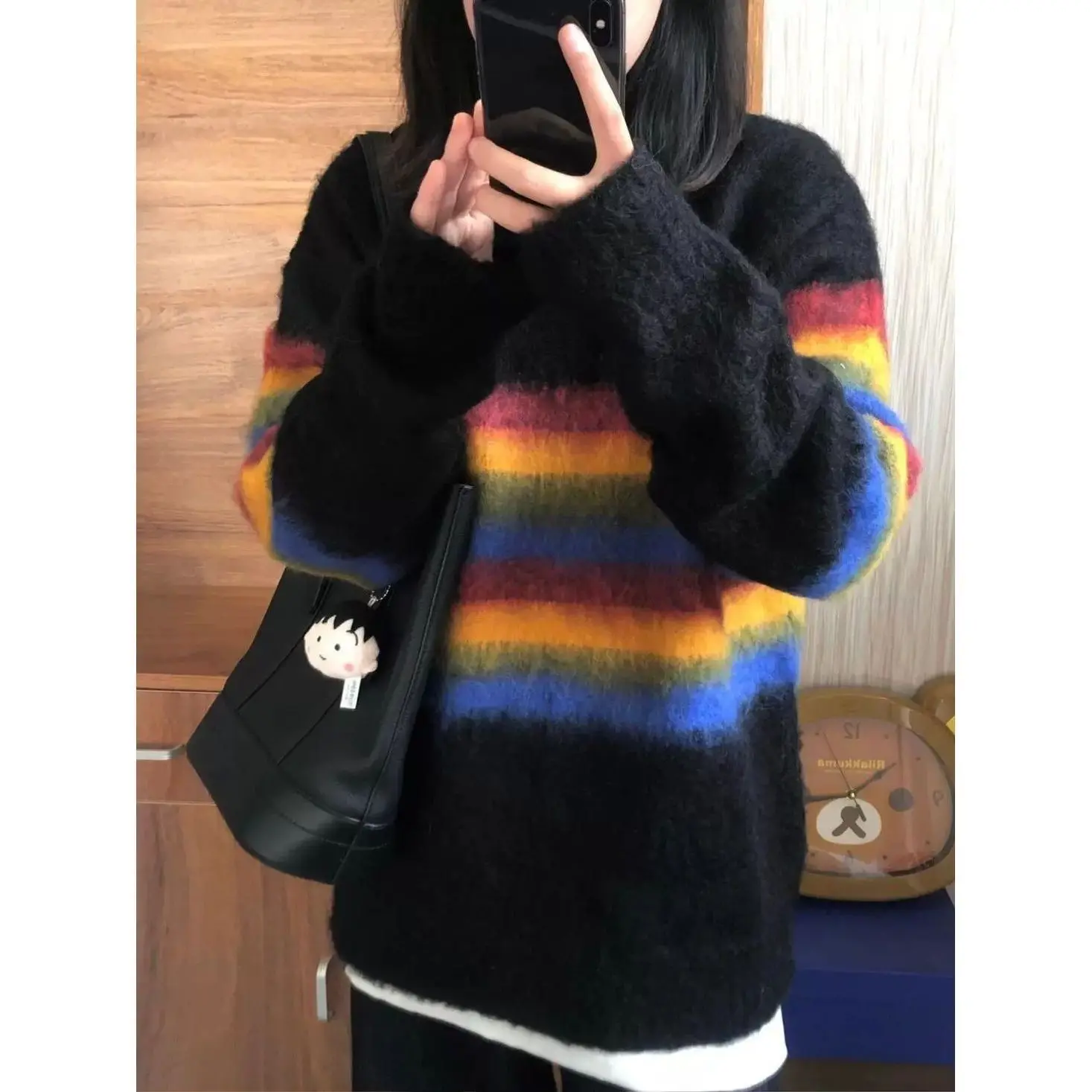 

Korean Contrasting Color Rainbow Striped Round Neck Sweater for Women in Autumn and Winter New Loose Thickened Knitted Top