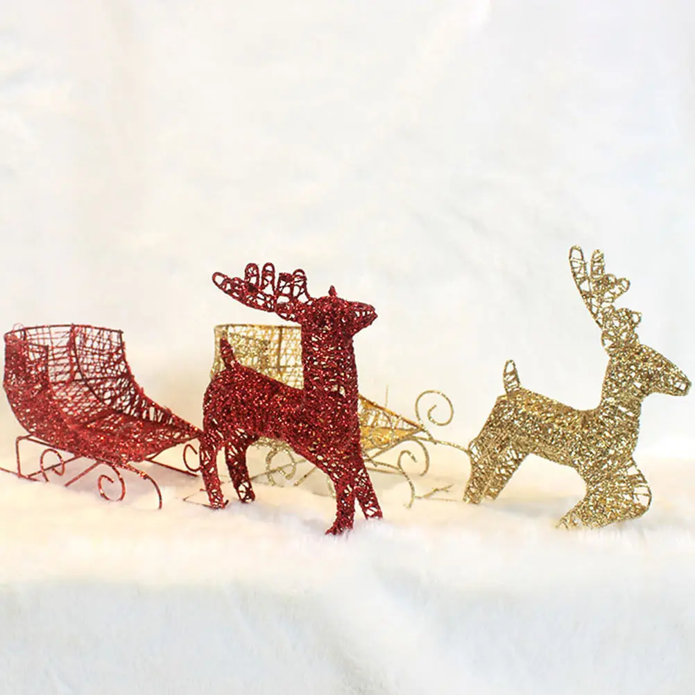 

1pc Christmas Mini Elk Sleigh Car Decorative Desktop Ornament Iron Material Festival Party Prop Golden Color