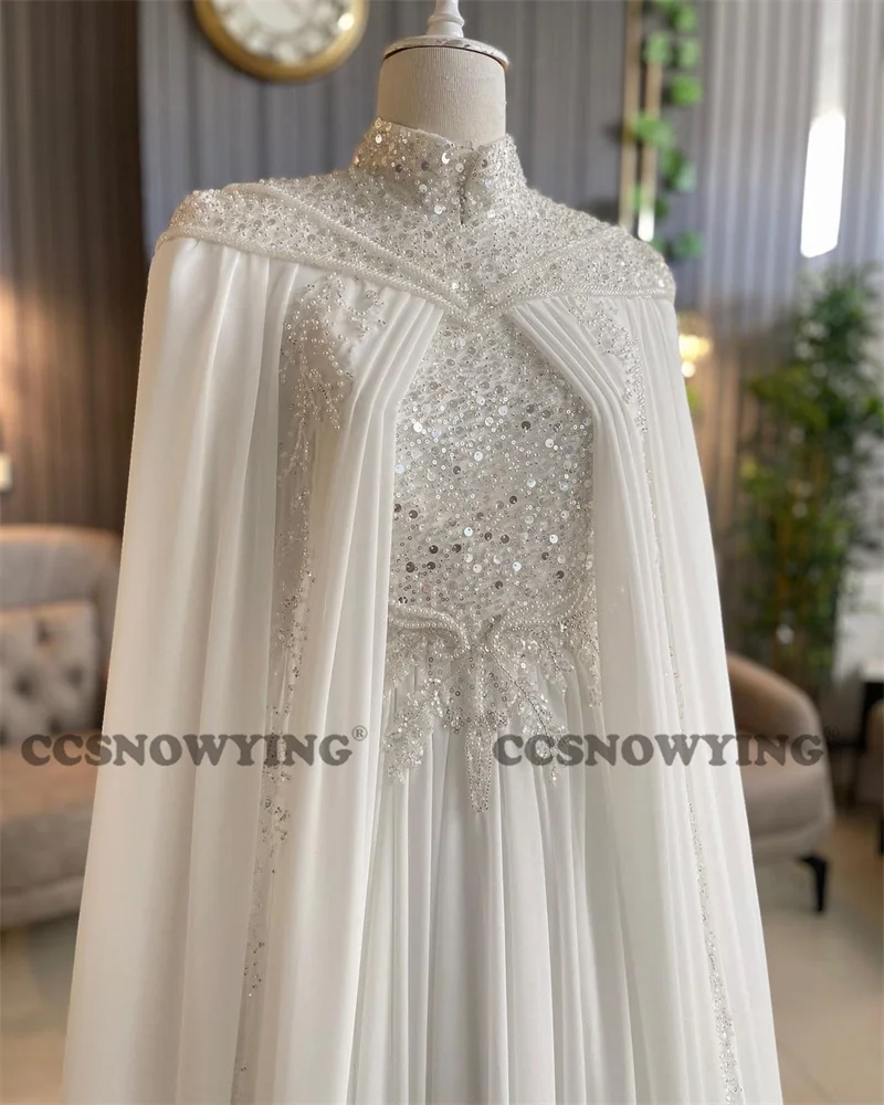 Chiffon lantejoulas frisado vestidos de casamento para noiva com capa manga longa alta pescoço vestido de noiva islâmico árabe dubai robe de mariée