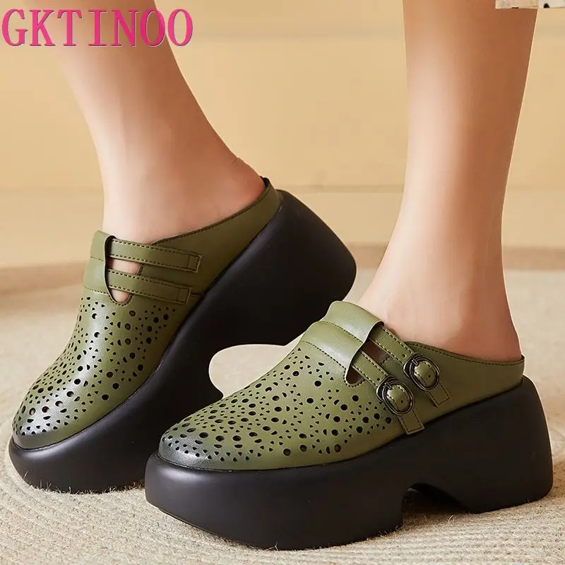 GKTINOO 2024 Summer Shoes Female Slippers Closed Toes Hollow Out Handmade Genuine Leather Women Platform Wedges Slides