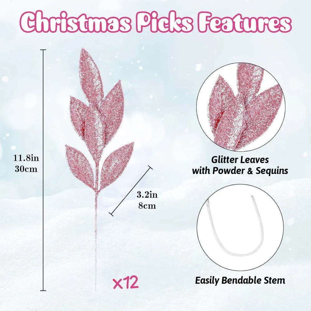 3/12 Stück Rosa Glitzernde Blätterzweige Künstliche Stiele für Weihnachtsbaum DIY Kranz Hochzeitstisch-Dekoration Winterparty-Deko – Detail 6