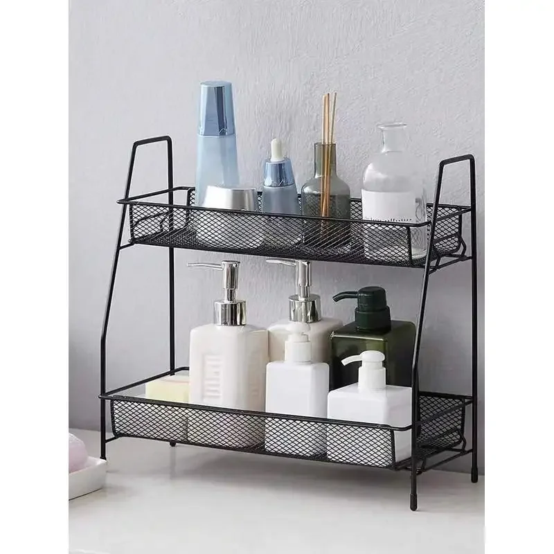 1pc 2-tier Iron Shelf Kitchen Storage, Counter Cosmetic Display Rack, Spice Rack, Desk Storage
