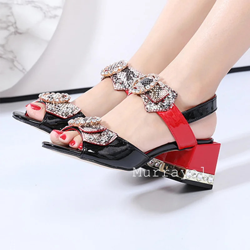 Patent Leather One Strap Square Heels Sandals Women Mixed Colors Rhinestone Sandalias Summer Versatile Vacation Shoes Pumps