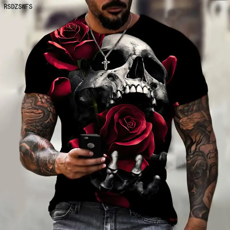 Skull Rose Romantic HD 3D Printing Men's And Women's T-shirt HD Short-sleeved Oversized Summer Short-sleeved Top