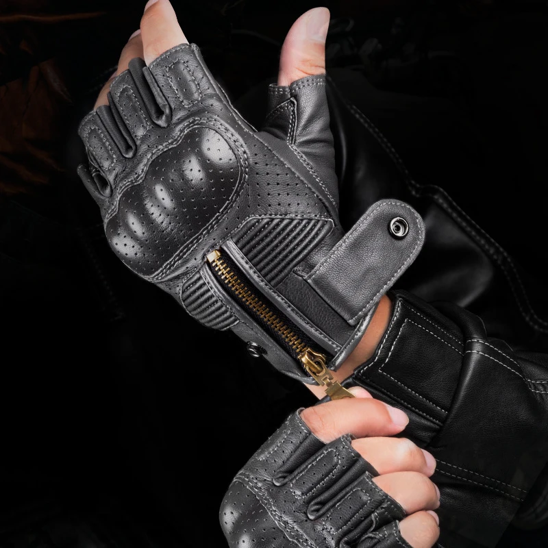 Summer Motorcycle Gloves Leather Half Finger Short Gloves Zipper Antique Tactical Luvas de Moto de Verão Couro Meio Dedo Tático