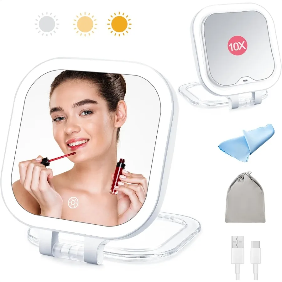 

Travel Makeup Mirror with Lights and Magnification Rechargeable Large Lighted Beauty Mirror with 3 Color Portable 1x 10x Magnif
