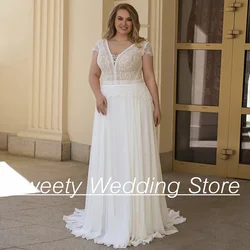 Bohemian Lace Wedding Dress for Bride Plus Size Robe Mariage Cap Sleeve V Neck Sweep Train Backless Boho Beach Bridal Gown