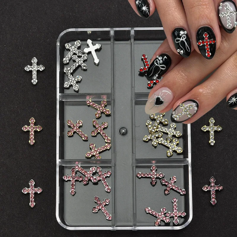 ชุดตกแต่งเล็บ 1 กล่อง ลายกากบาท 3 มิติ ประดับด้วยคริสตัลโลหะผสม สำหรับตกแต่งเล็บ ไม่มีกลิ่น ประดับเล็บระยิบระยับ ลายศาสนา สำหรับทำเล็บ