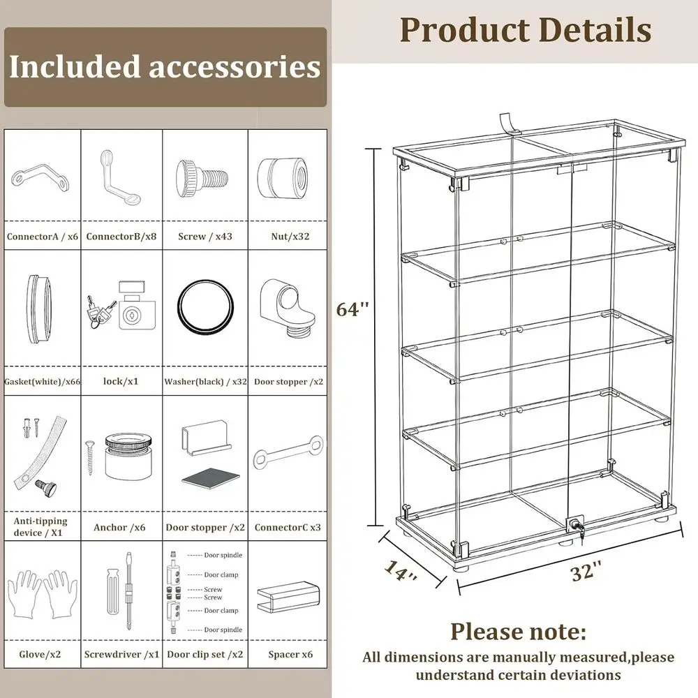 Tempered Glass Display Cabinet, 4-Tier Curio Cabinet with Glass Doand Lock, Glass Display Case or Collectibles, or Living Room,