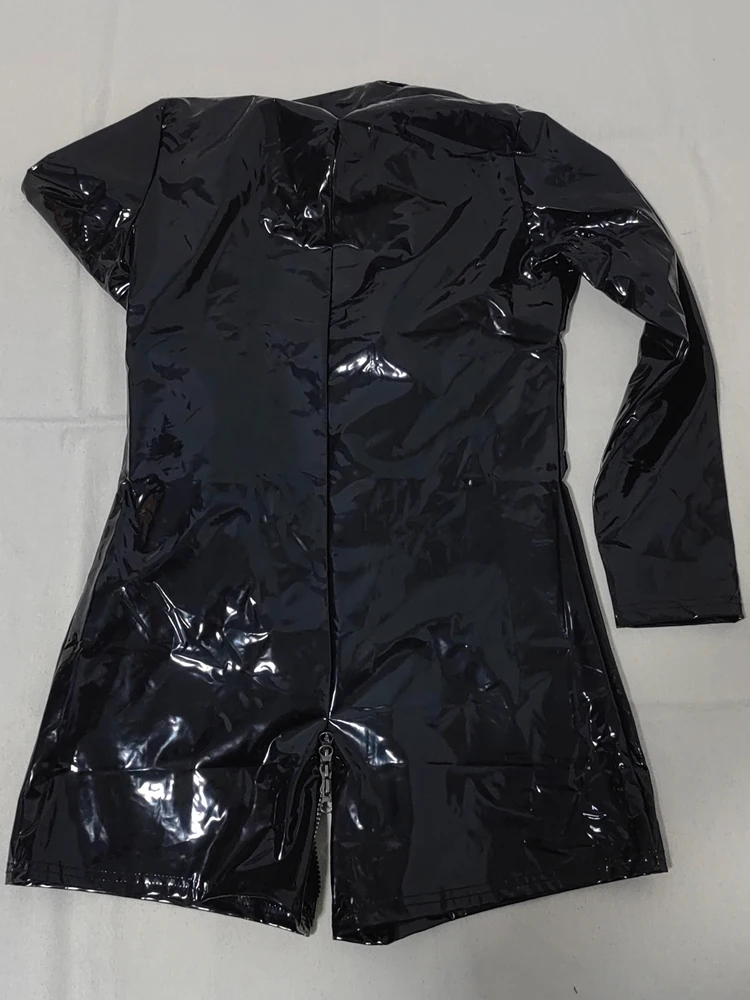 Wet Look PVC Playsuit Long Sleeve Shiny PU Leather 3 Zipper Crotch Bodysuit Tights Cosplay Leotard Body Teddies Unitard Swimsuit
