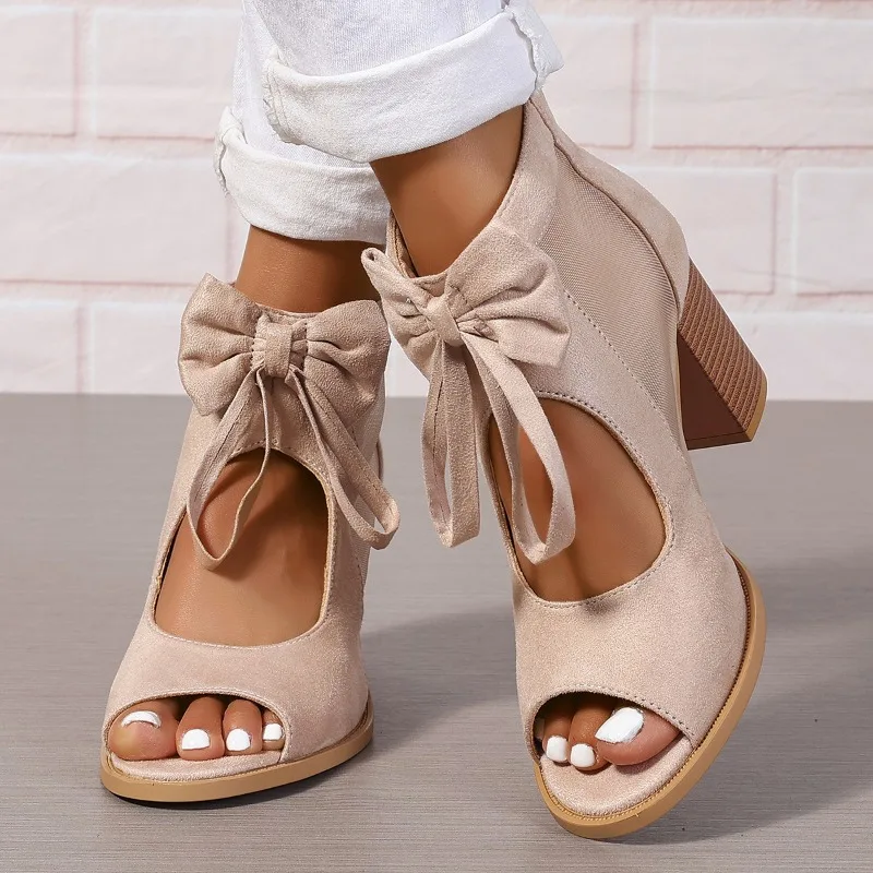 

Women Chunky High-heeled Pumps 2026 Summer Cloth Side Empty Knotbow Black Red Sandals Casual Peep Toe Zapatillas Mujer Elegantes
