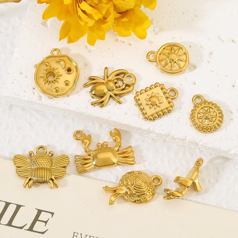 5pcs Stainless Steel Gold Color Charms Sun Crab Spider Beetle Pendants for DIY Women Necklace Earrings Jewelry Making Supplies