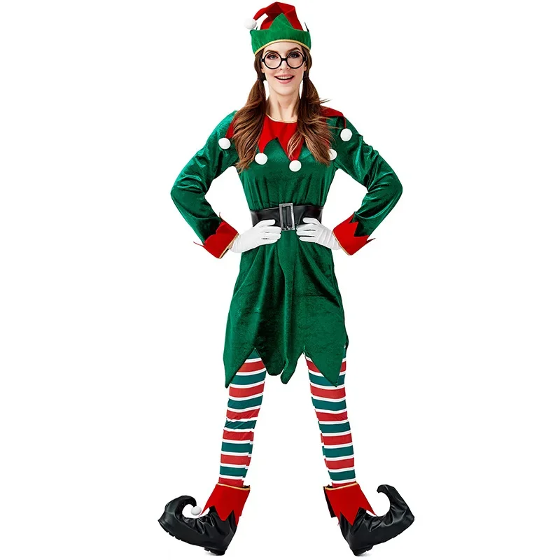 Adulto meninas papai noel trajes elfo verde veludo terno de natal natal ano novo masquerade cosplay vestido extravagante