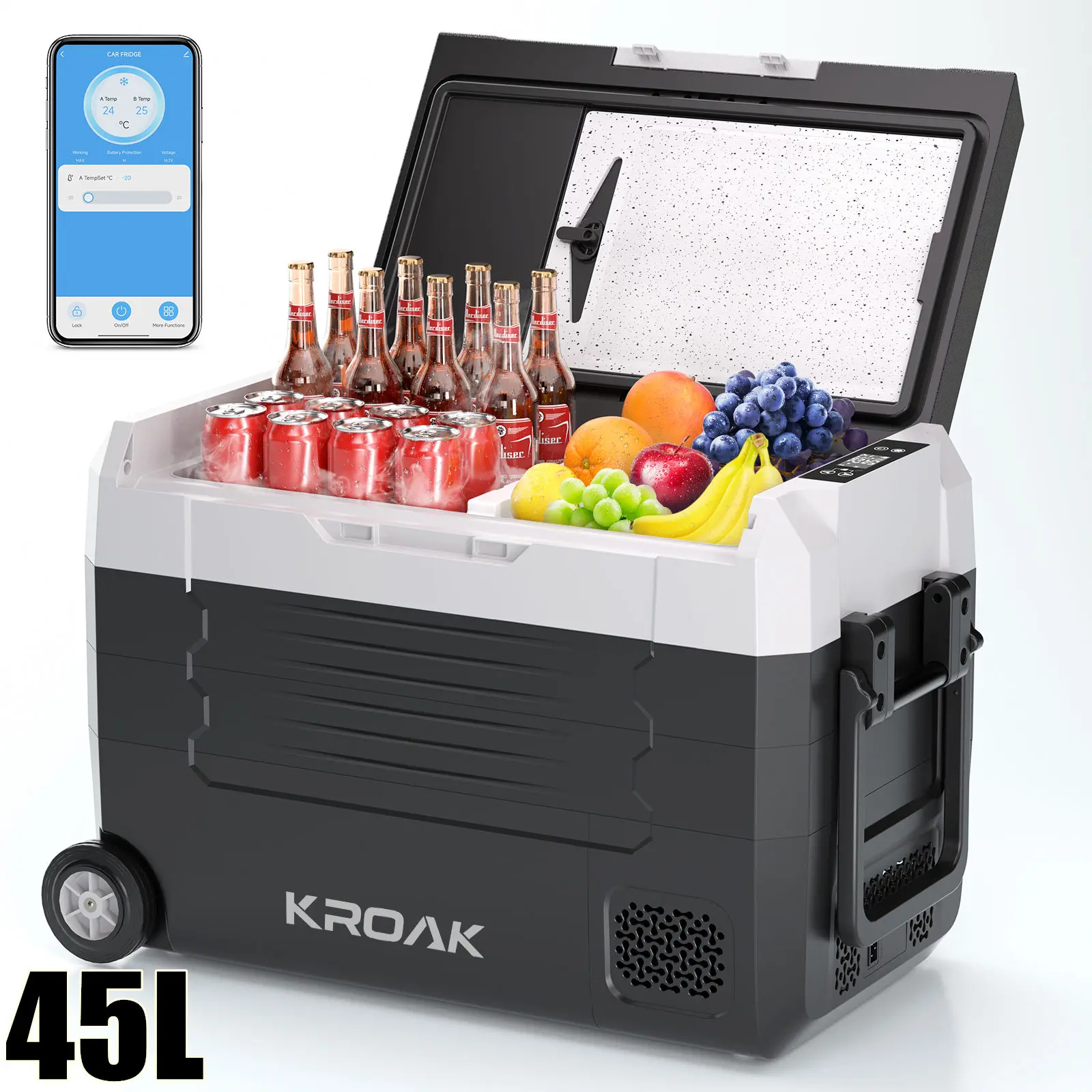 Hcalory 35L 45L 55L Dubbele Zone Draagbare Autokoelkast met Wielen, Bluetooth App Besturing, 12V 24V Compressor Koeler voor Kamperen en Reizen