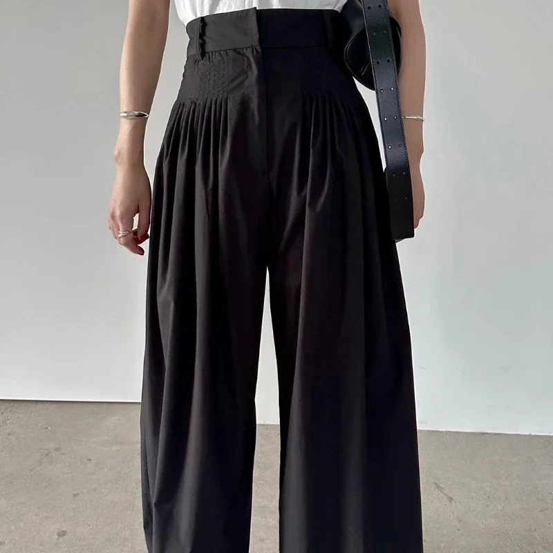 Kuzuwata Japanese Vintage Wide Leg Casual Pantalon 2024 Spring High Waist Loose Pants Fold Fashion Solid Color Trousers Women