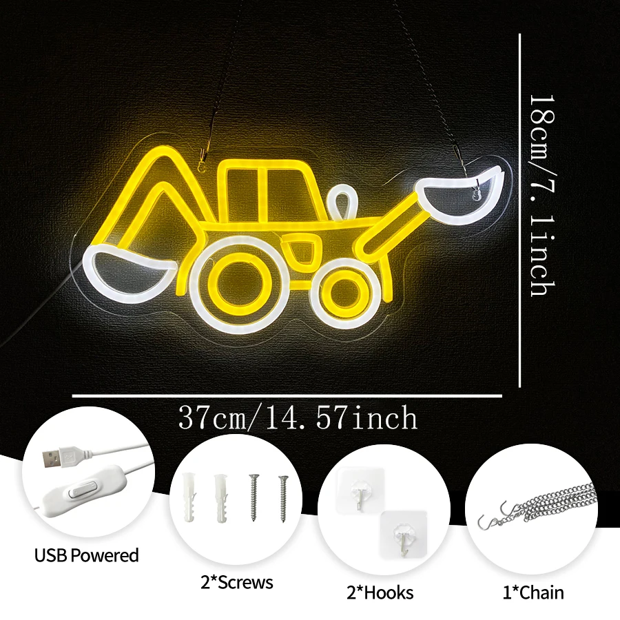 Excavator Neon Sign, Digger USB LED Neon Light, Indoor Wall Decor for Bedroom, Office, Game Room, Christmas Decoration, Toy Gift