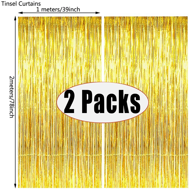 2Pack 1X2M Gold Metallic Foil Tinsel Fringe Curtain Backdrop Birthday Wedding Bachelorette Party Decoration Adult Anniversary