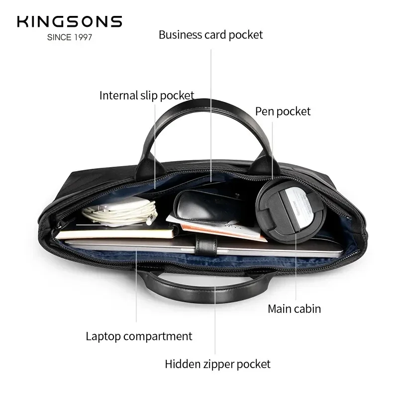 Kingsons-Sac à main noir classique pour hommes et femmes, sac pour ordinateur portable étanche, sac à poignée supérieure, étui à bombes d'affaires à la mode, 2024 pouces, 15.6