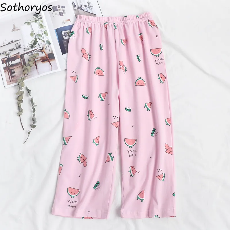 

Sleep Bottoms Women Pants Print Summer Breathable Cotton Leisure Lounge Wear Calf-length Females Baggy Comfortable Homewear Ins