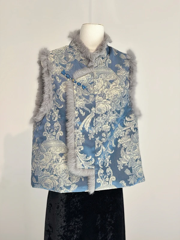 

Синий модный меховой жилет в китайском стиле для женщин, осенне-зимний, на хлопковой подкладке, утолщенный, теплый, верхняя одежда