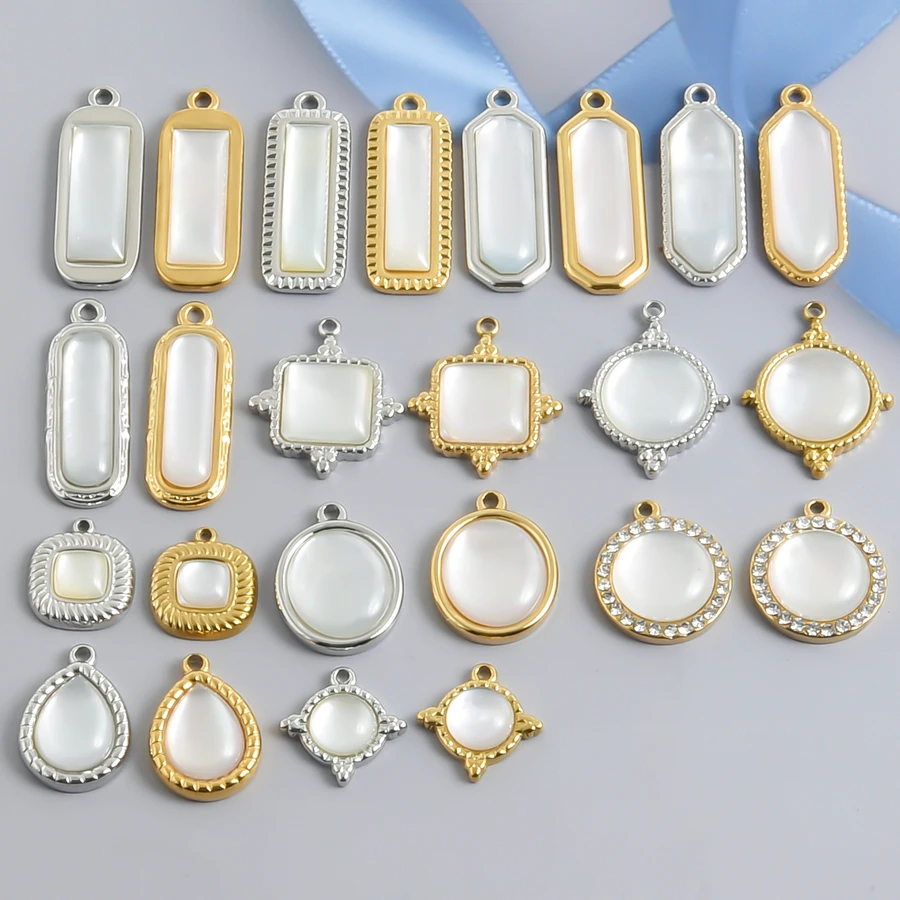 4 Stück Breloques, einfache weiße Muschelanhänger, Emaille, rechteckig, rund, quadratisch, Edelstahl-Charms für die Schmuckherstellung, Großpackung – Detail 1