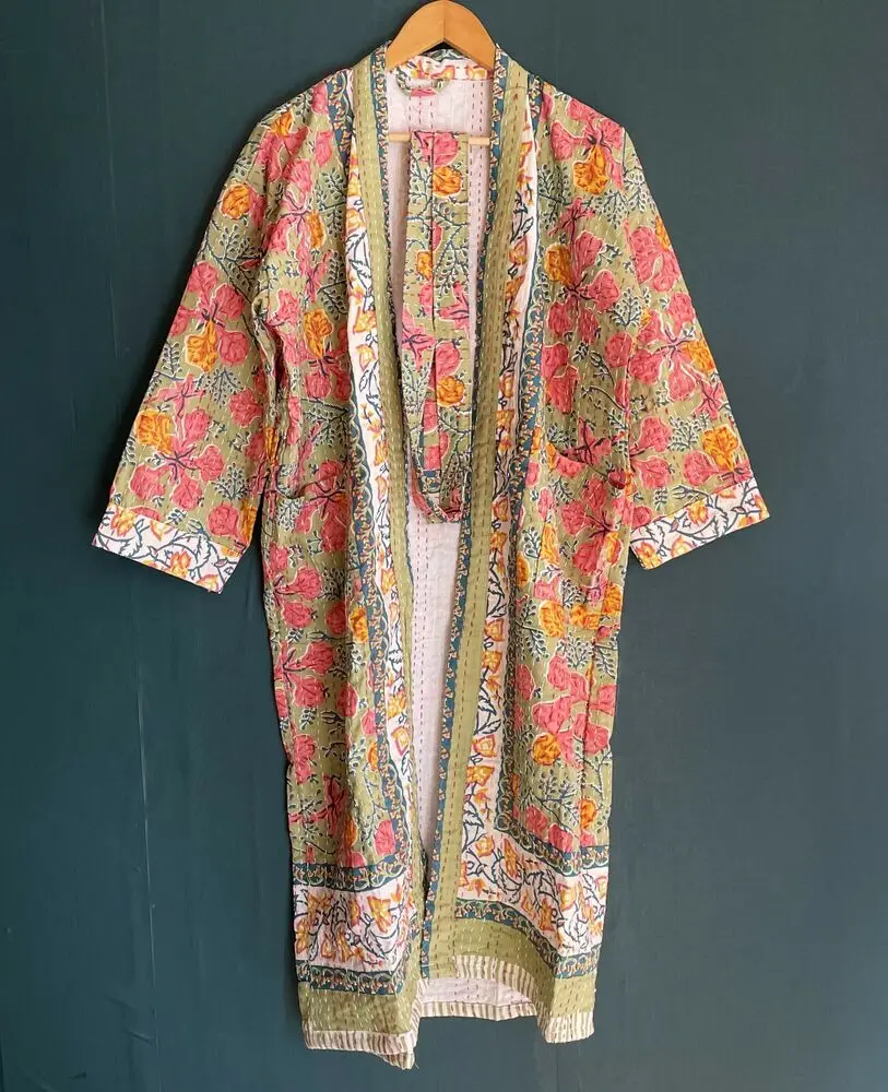 Kantha Kimono Coat Bathrobe Soft Cotton Long Jacket Hand Block Print