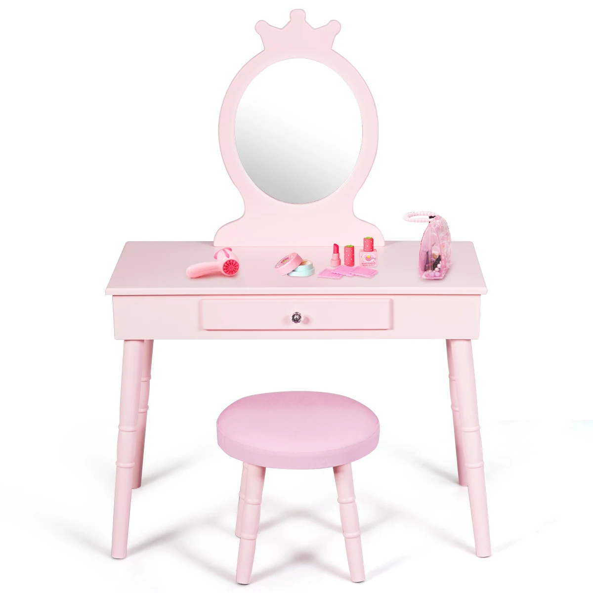 Kids Vanity Makeup Table & Chair Set Make Up Stool Play Set for Children Pink