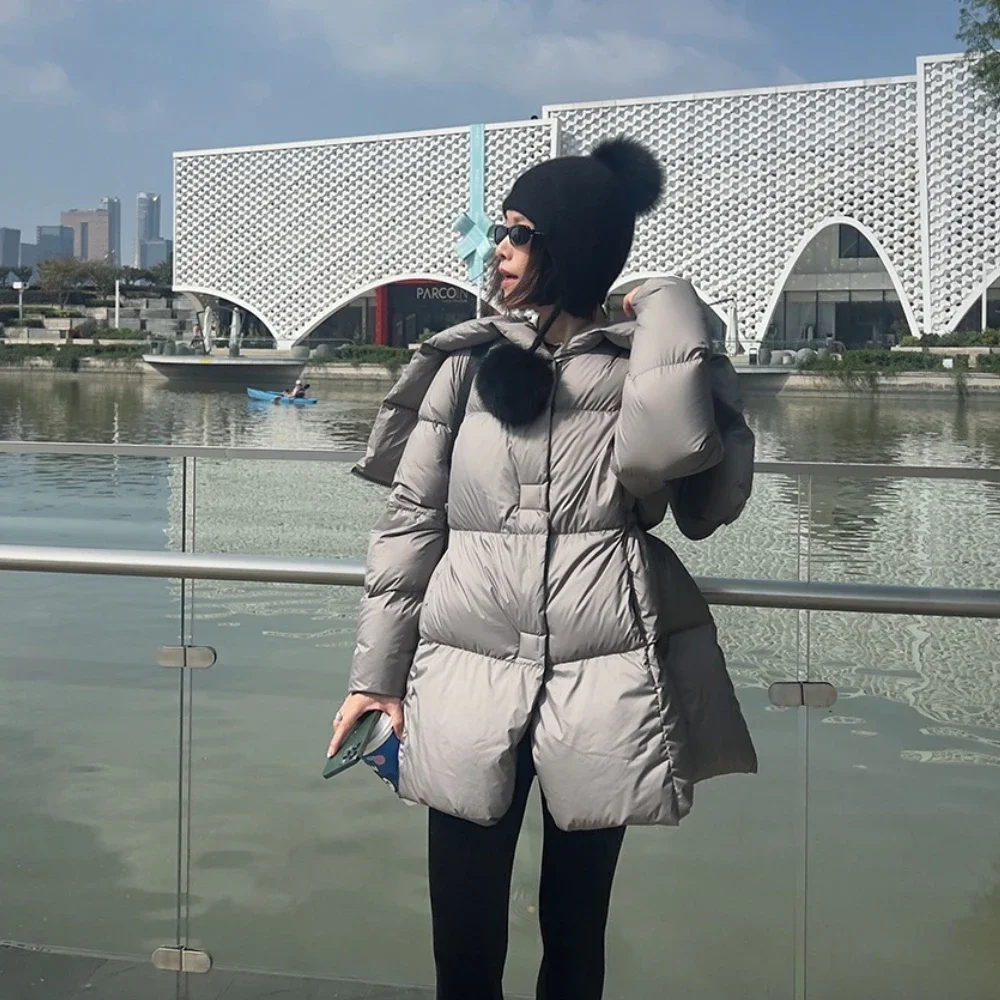 

Женское популярное пальто на белом утином пуху с большим воротником, новая модная зимняя одежда с капюшоном, толстая теплая черная куртка-пуховик, женская