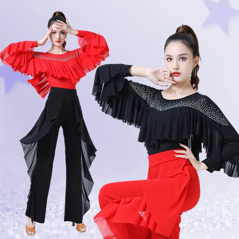 كشكش قاعة الرقص اللاتينية أعلى المرأة حجر الراين رصع القياسية الوطنية الحديثة الرقص التدريب أداء مثير ملابس الرقص