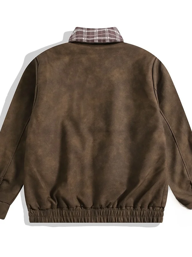 

Ретро американский клетчатый воротник, рабочая одежда, выцветший кожаный джет в стиле хип-хоп, мужское весенне-осеннее кожаное пальто, повседневное прямой подол