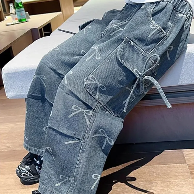 

Джинсы и комбинезоны для девочек, весна/осень 202, детские джинсовые брюки, стильная повседневная одежда для маленьких девочек