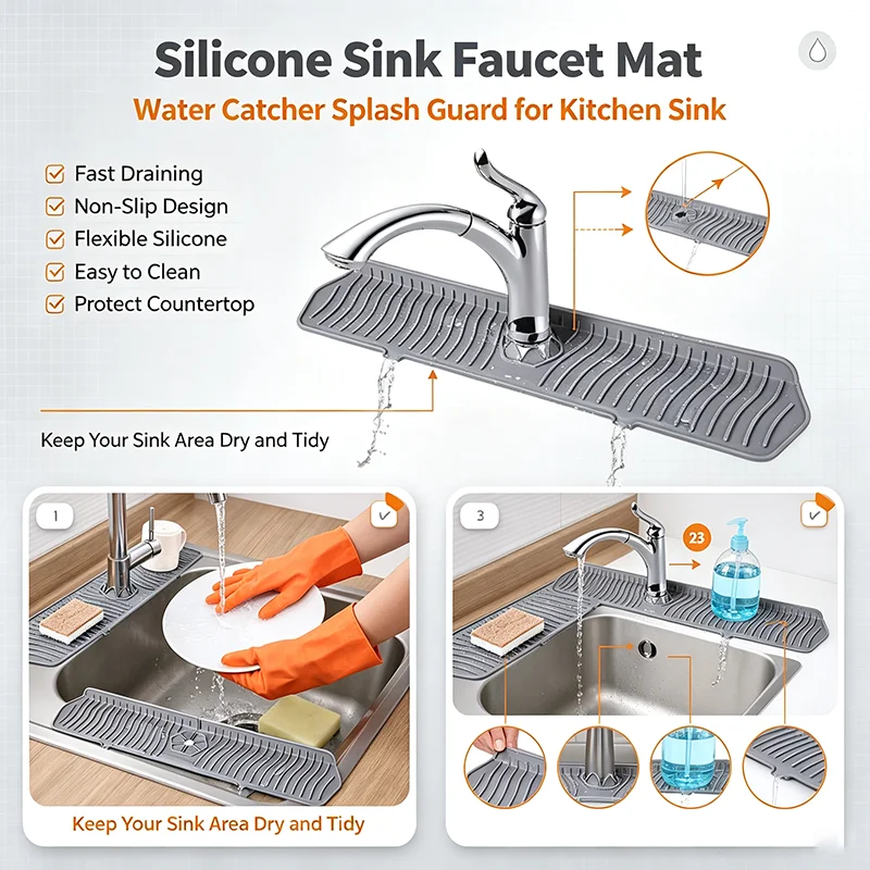 Long Silicone Sink Faucet Splash Guard Mat Water Catcher Pad Absorbent Countertop Protector Non‑slip Kitchen Household Gadgets
