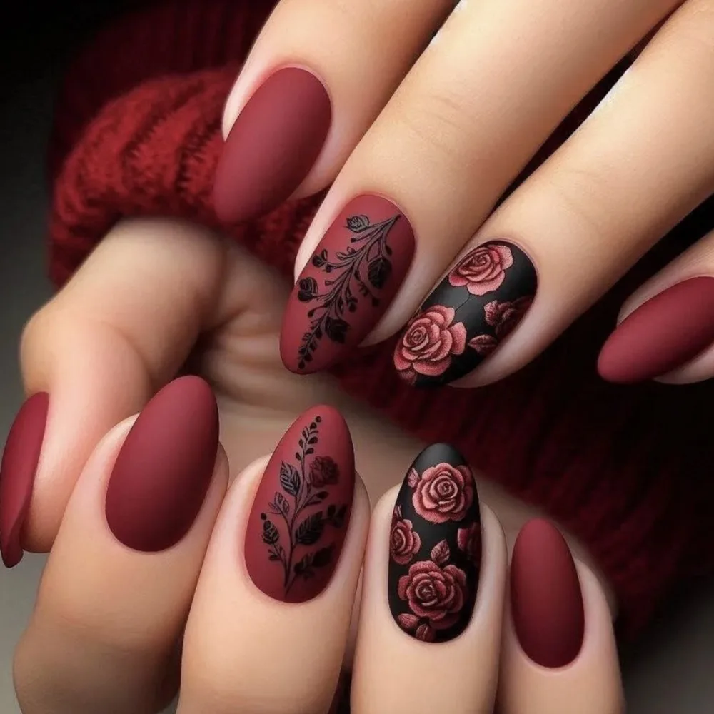 

New Hot Sale Nail Polish Almond-shaped Wine Red Rose Pattern Wild Trend Printing Nail Art Patch Detachable Fake Nail Nails