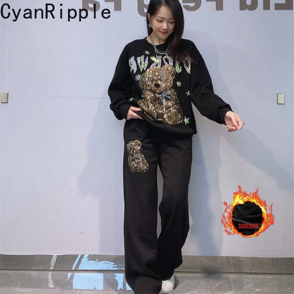 Fashion Autumn Winter Women Hoodie Set Thicken Fleece Round Neck Long Sleeve Pullover Top + Elastic Waist Wide Leg Casual Pants