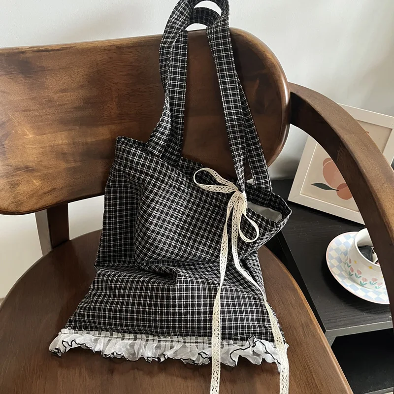 1PC Hundred Shoulder Bag Linen Color Woven Classic Black and White Grid Lace Lace Girls Bag Thin