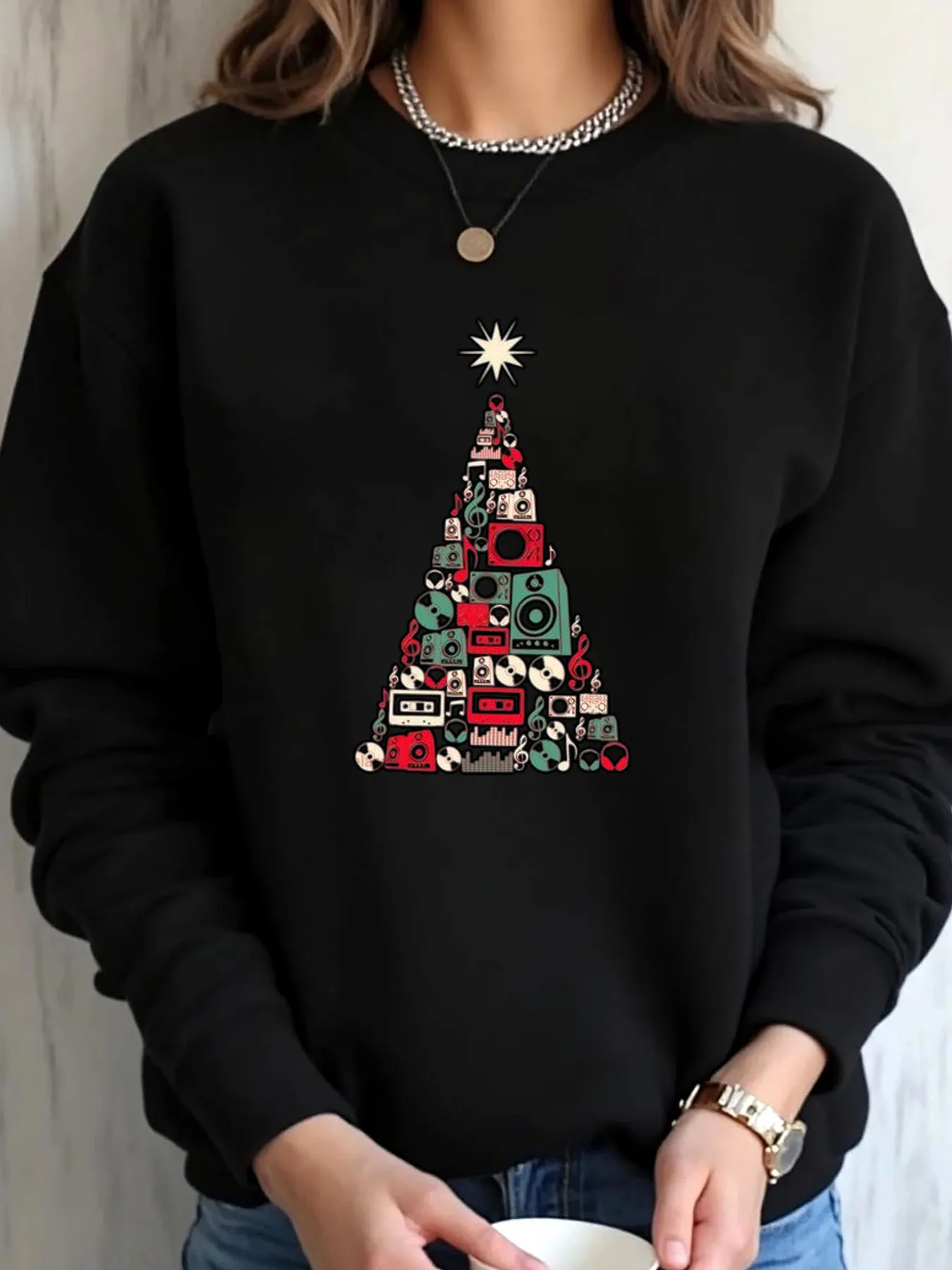 Women Oversized Sweatshirt Christmas Music Tree Print Outdoor Wear