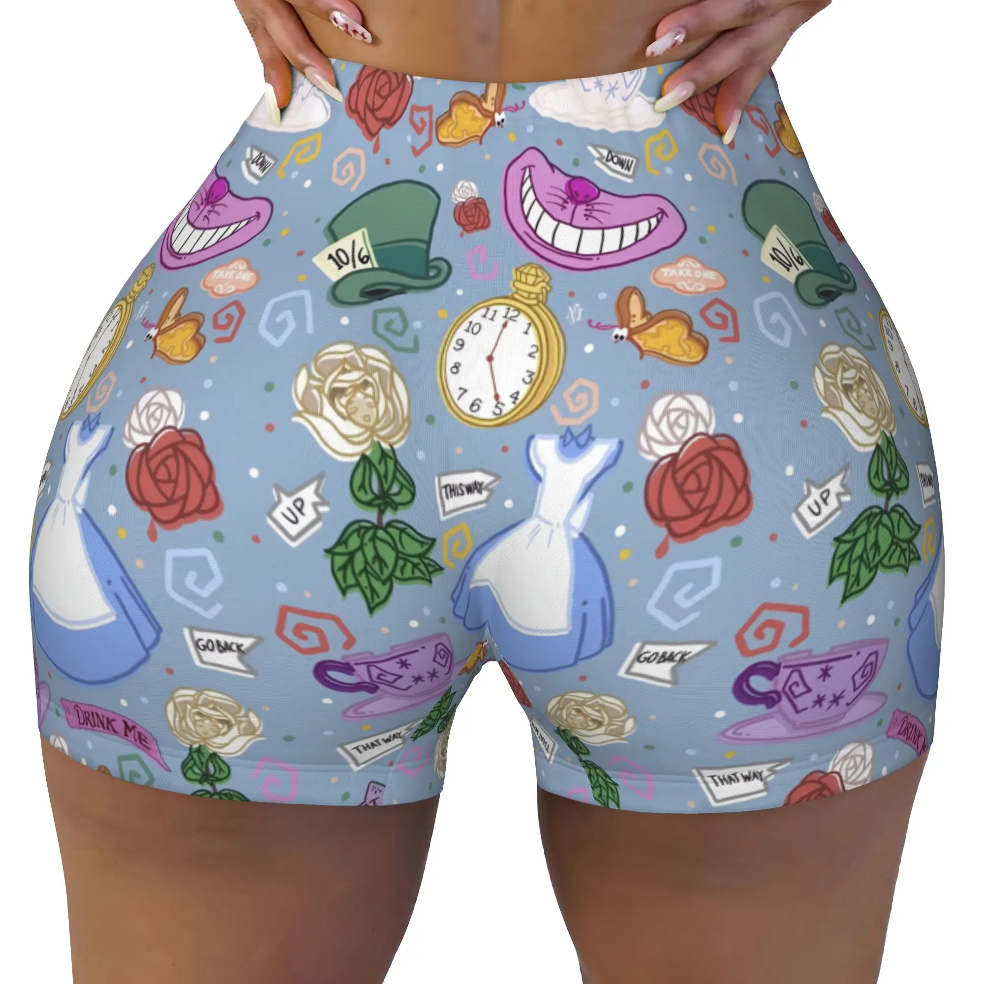 Custom Alices Anime Wonderlandes Volleyball Biker Workout Shorts Women's Cat Manga Athletic Gym Yoga Shorts