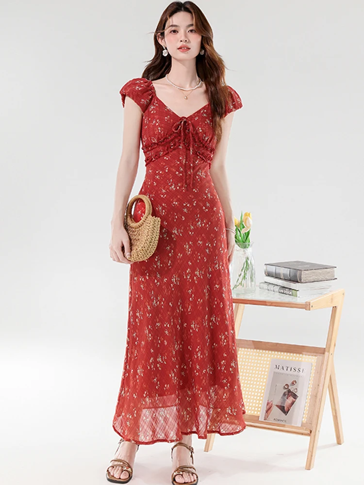 

New Summer Elegant V-Neck Short Sleeve Long Dress Female 2025 Temperament Red Chiffon Print Slim Party Dress Robe Vestidos