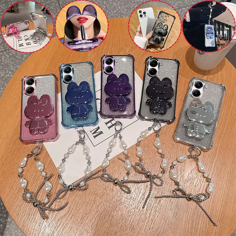 Fashion Cute 3D Bunny Mirror Stand Phone Case For Oppo A6X A6 A6C A6T Pro A6K A6S Glitter Anti Drop Cover With Pearl Chain Girly