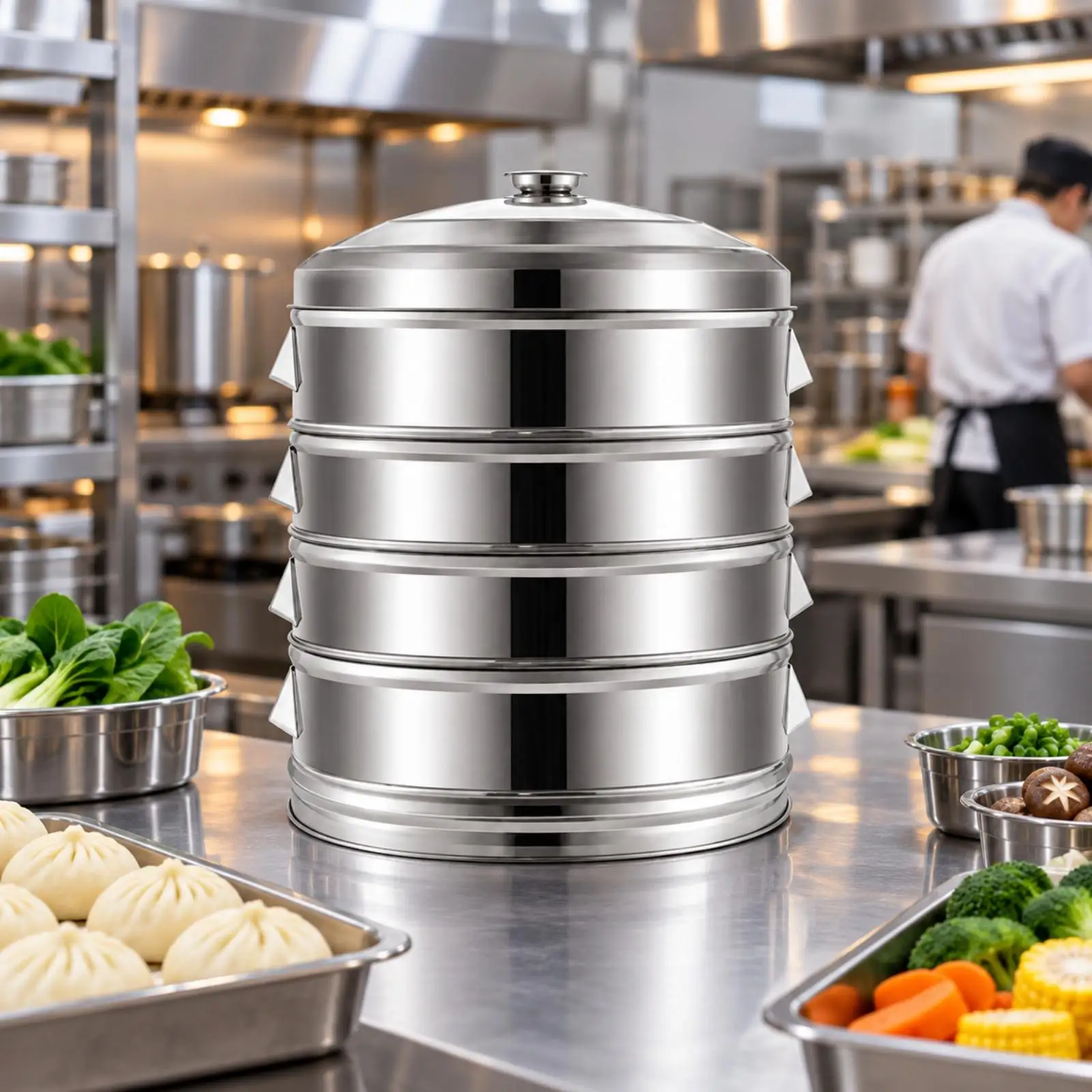 Stainless Steel Multi Tier Steamer Cooker with Knob Lid and Round Trays for Even Steaming Vegetables Buns Fish Meals