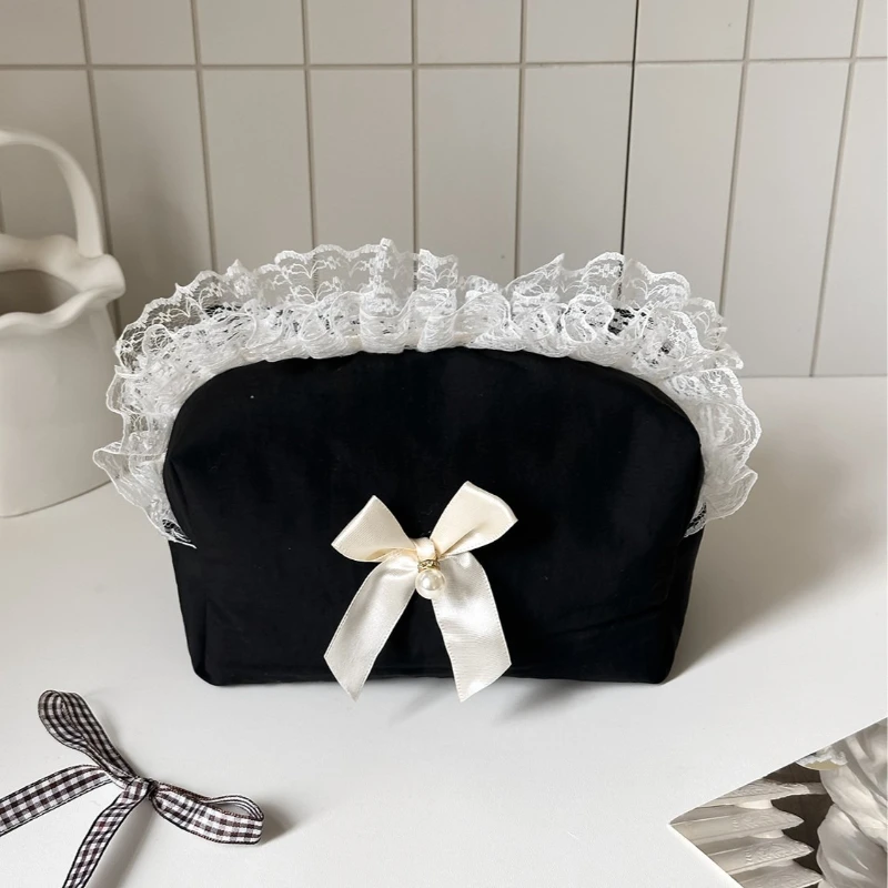 Korean Black Lace Bow Makeup Bag Large Capacity Cosmetic Organizer Cute Travel Toiletry Pouch