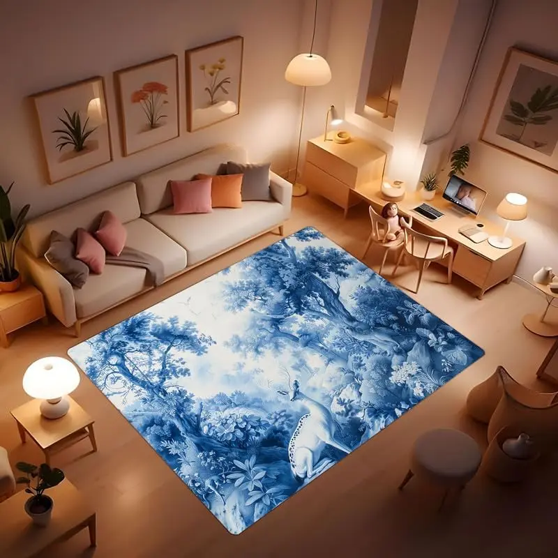 Saw Deer Deep in The Forest Washable Blue Rug, Soft Rug for Living Room and Bedroom, Navy Blue Rug, , Dining Room, Bedroom